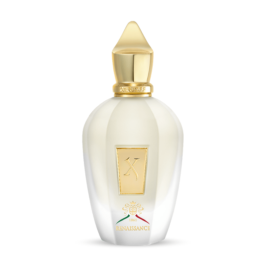 A white and gold bottle of XERJOFF Renaissance Eau de Parfum, adorned with a gold cap and elegant detailing that evoke Italian heritage, set against a plain white background.