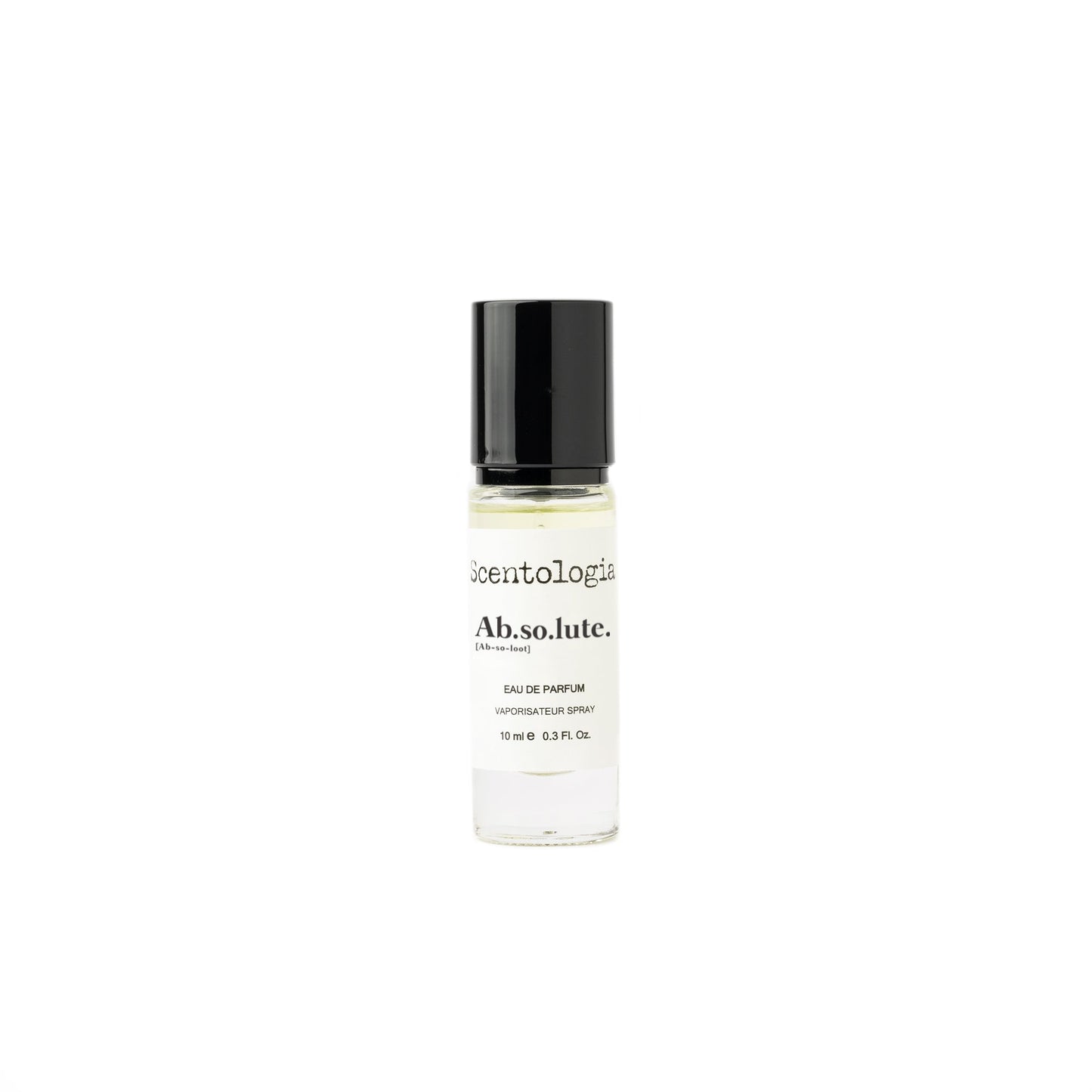 A 10 ml clear glass bottle of Scentologia Ab.so.lute. Eau de Parfum with amber musk notes and a black cap, labeled Scentologia, is photographed against a white background.