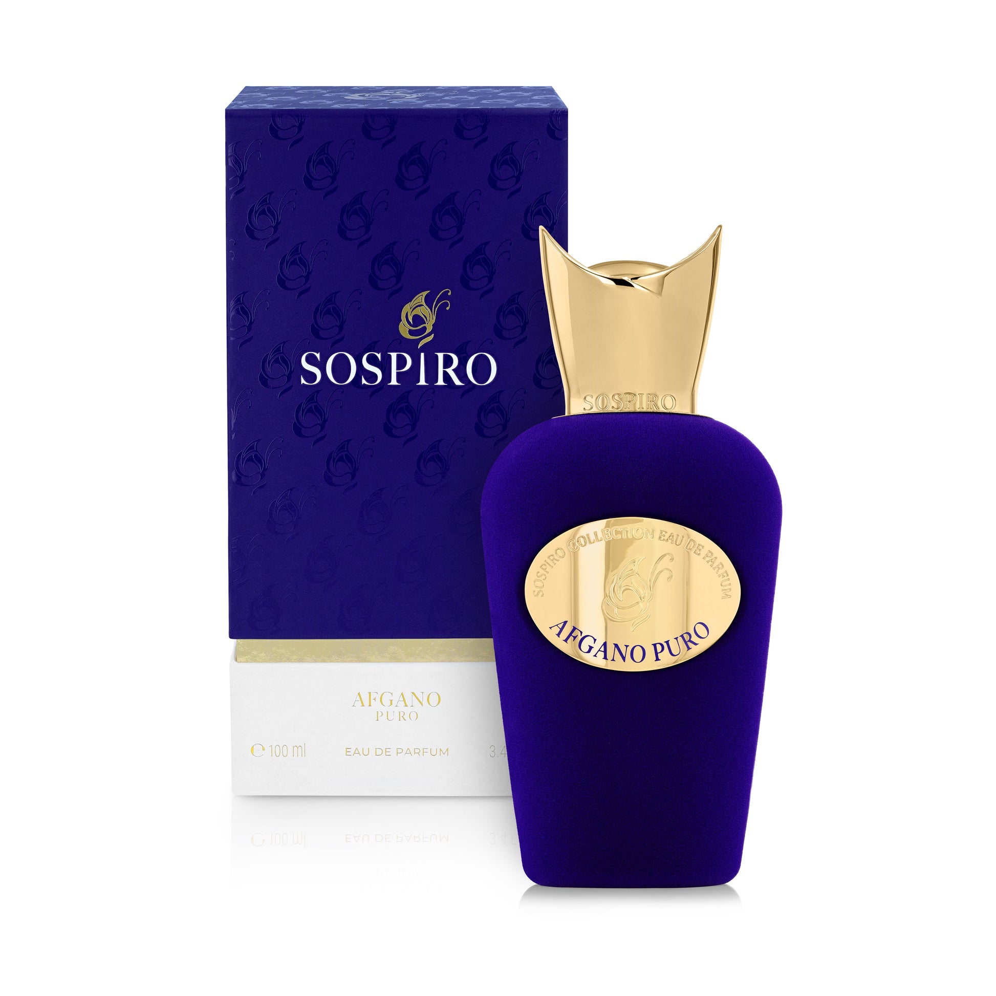 A blue and gold bottle of SOSPIRO Afgano Puro Eau de Parfum stands before its matching box, featuring elegant branding and a luxurious design inspired by jazz clubs with sultry tobacco vanilla scent notes.