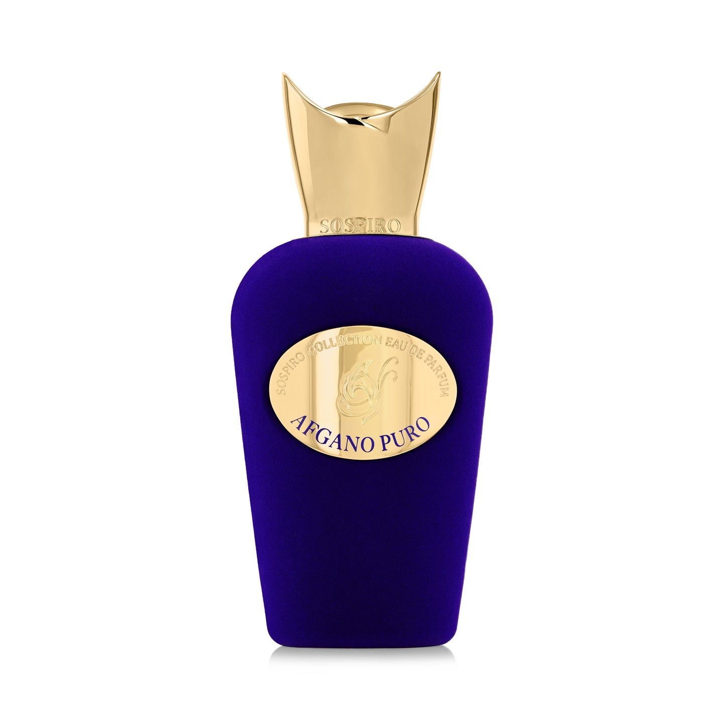 Afgano Puro Eau de Parfum by SOSPIRO comes in a royal blue, velvet-textured bottle with a gold cap and oval label. Its elegant design evokes jazz club vibes, hinting at sophistication and allure against a white background.