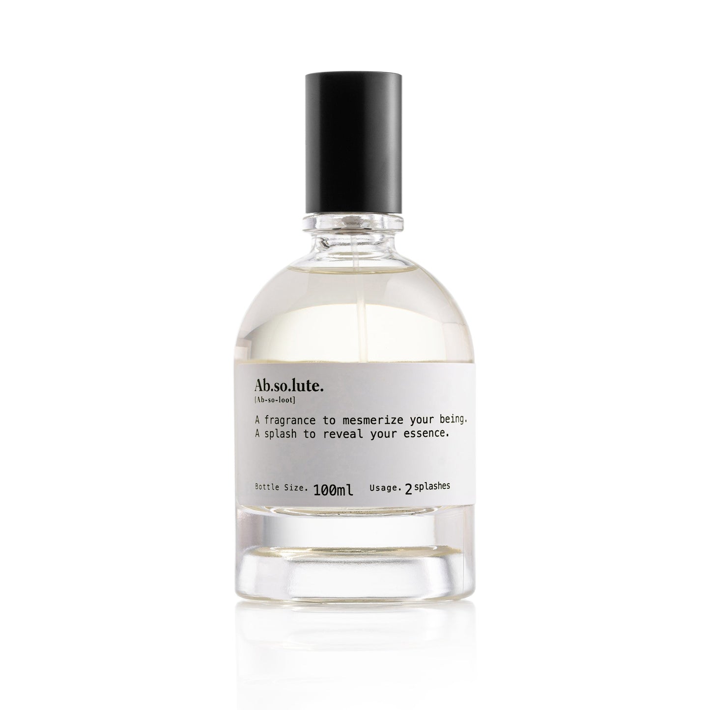 Ab.so.lute. Eau de Parfum by Scentologia features a clear 100ml glass bottle with black cap and white label. This oriental scent blends sensual vanilla notes—apply 2-3 splashes to reveal your essence. Ideal for display on a white background.