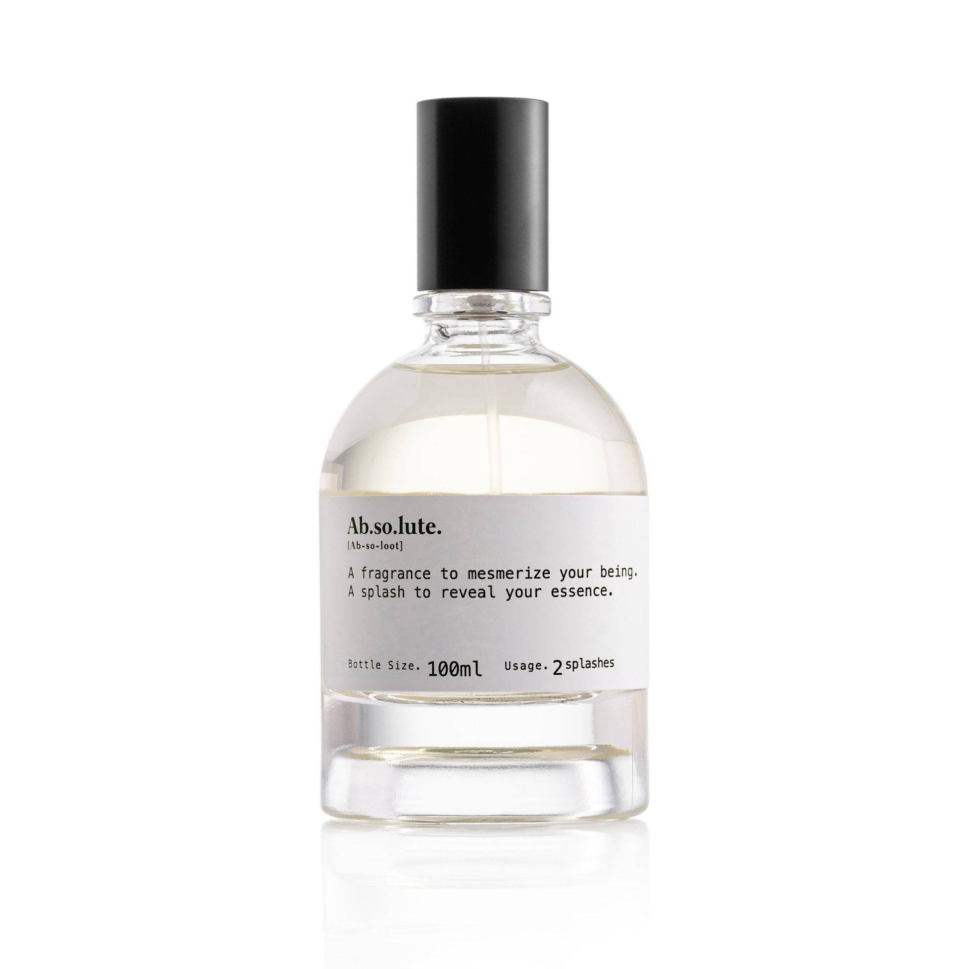 Ab.so.lute. Eau de Parfum by Scentologia features a clear 100ml glass bottle with black cap and white label. This oriental scent blends sensual vanilla notes—apply 2-3 splashes to reveal your essence. Ideal for display on a white background.