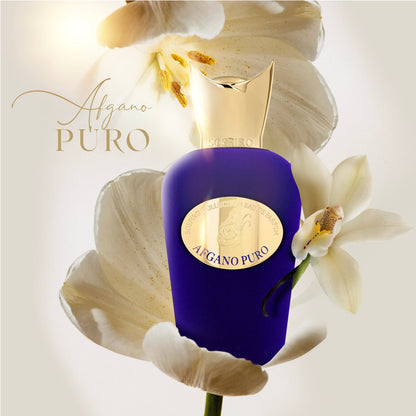 A deep blue perfume bottle with a gold cap and an "Afgano Puro Eau de Parfum - Sospiro" label by SOSPIRO is set against soft white flowers. Elegant "Afgano PURO" text features on the left side of the image.