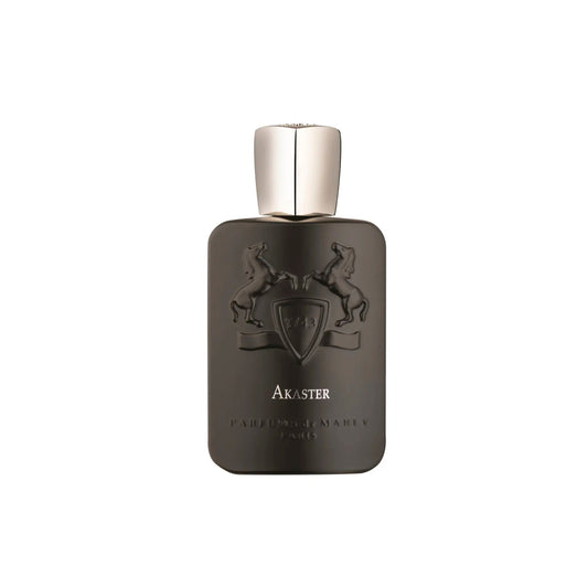 A dark matte bottle of Akaster Eau de Parfum by Parfums de Marly features a silver cap, embossed twin horses flanking a shield, and the brand and fragrance names in gold lettering on the front.