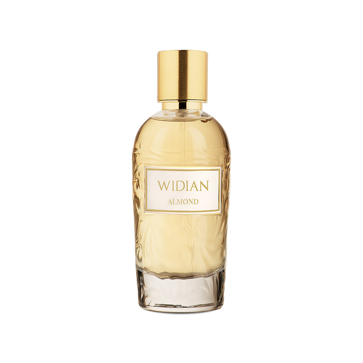 A clear glass perfume bottle with a gold cap and label, featuring the brand Fragrapedia Haus and the scent Almond Eau de Parfum - Widian, set against a white background.