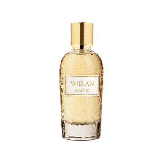 A clear glass perfume bottle with a gold cap and label, featuring the brand Fragrapedia Haus and the scent Almond Eau de Parfum - Widian, set against a white background.