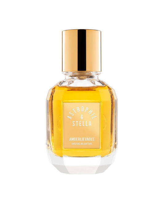 Bottle of fragrance with the words Amberlievable Extrait De Parfum by Astrophil & Stella
