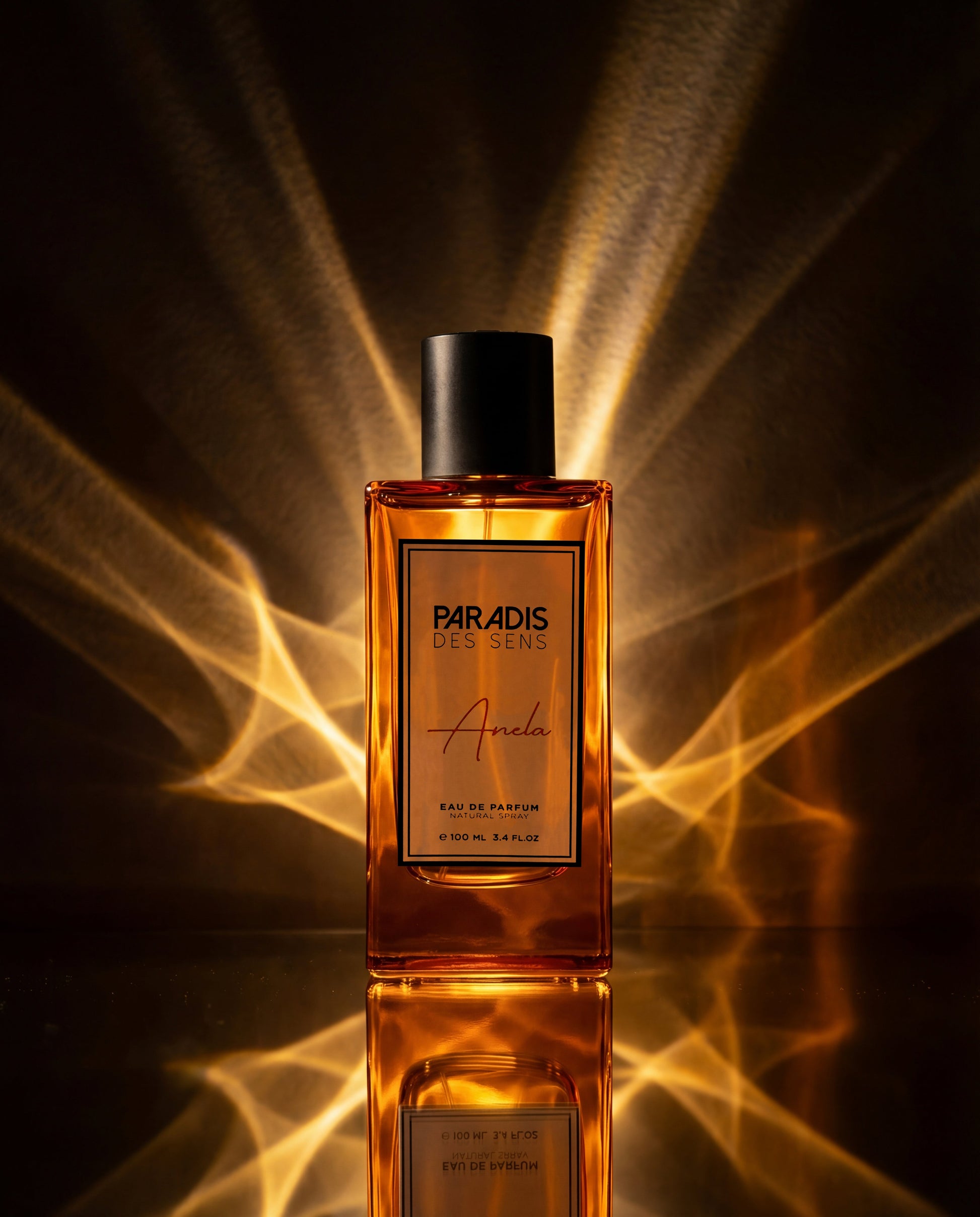 Paradis des Sens perfume bottle with a fiery background