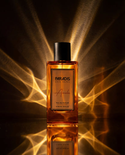 Paradis des Sens perfume bottle with a fiery background
