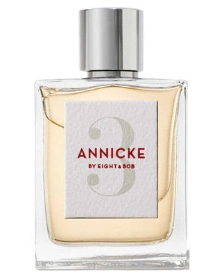 A clear glass perfume bottle with a silver cap, labeled Annicke 3 Eau de Parfum by Fragrapedia Haus, holds a pale yellow Chypre Floral scent. The label features red and gray text on a white square background.