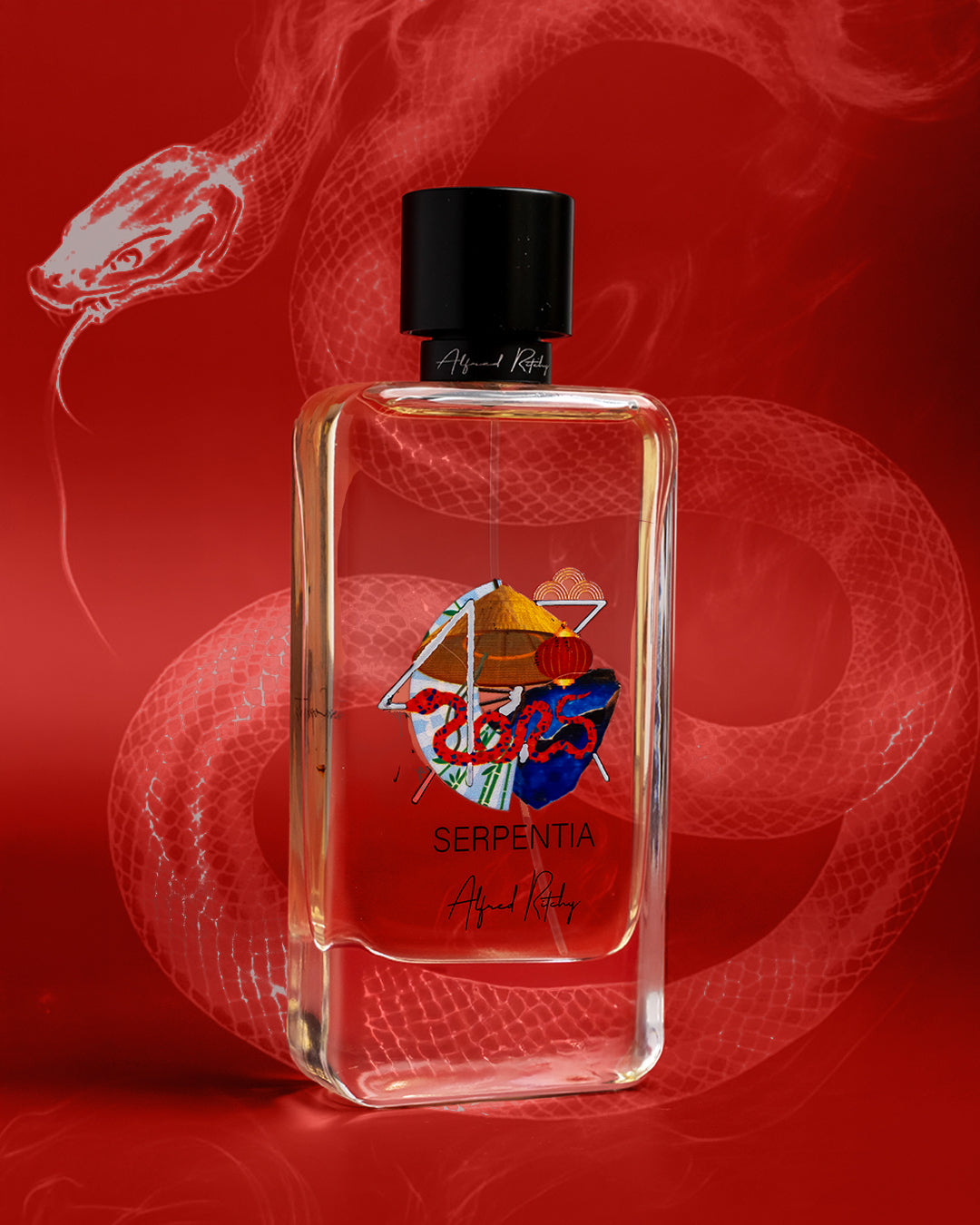 SERPENTIA Eau de Parfum by Alfred Ritchy features vibrant, artistic graphics with a faint coiled snake and white snake head design against a red backdrop—ideal for celebrating the Year of the Snake or Chinese New Year.