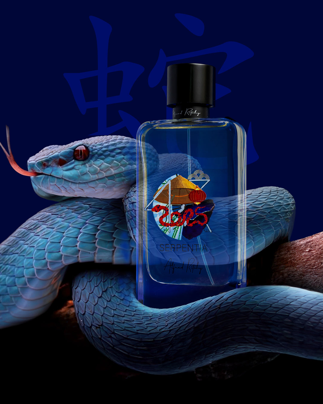 A sinuous blue snake wraps around a branch, tongue flicker sharp, as Alfred Ritchy’s SERPENTIA Eau de Parfum—its bottle adorned with vibrant art—stands before it. A subtle snake motif glows in the deep blue backdrop for Chinese New Year.