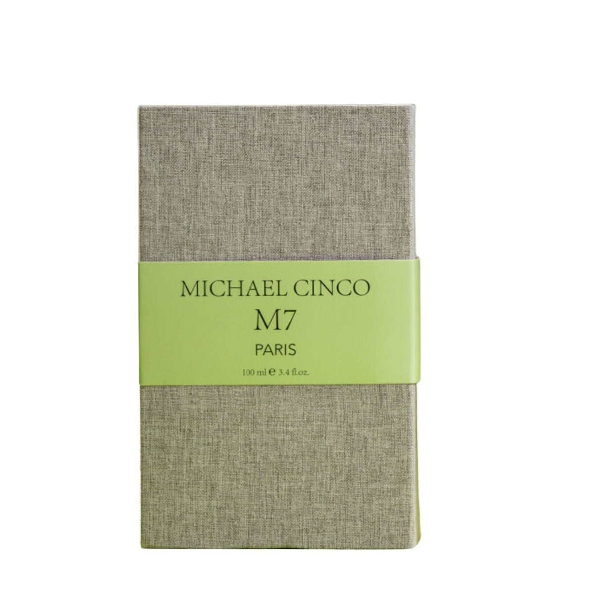 A rectangular box in textured gray fabric with a pale green band labeled "M7 Eau de Parfum - Michael Cinco" by Fragrapedia Haus, 100 ml (3.4 fl.oz.), displayed against a white background.