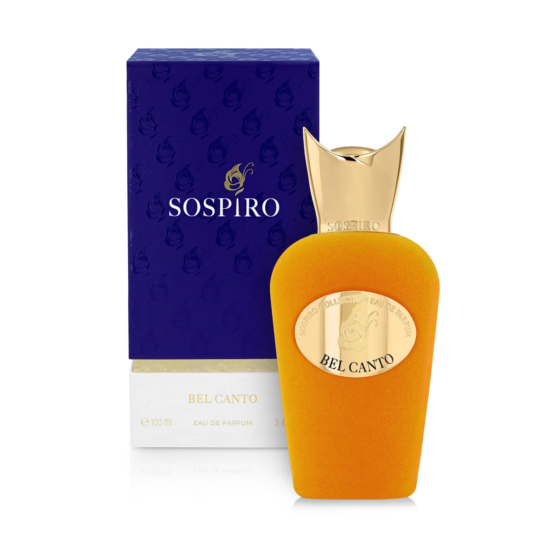 An orange and gold bottle of SOSPIRO Bel Canto Eau de Parfum with a floral scent stands before its blue and gold box. The bottle features a gold cap and an oval label that reads "Bel Canto.