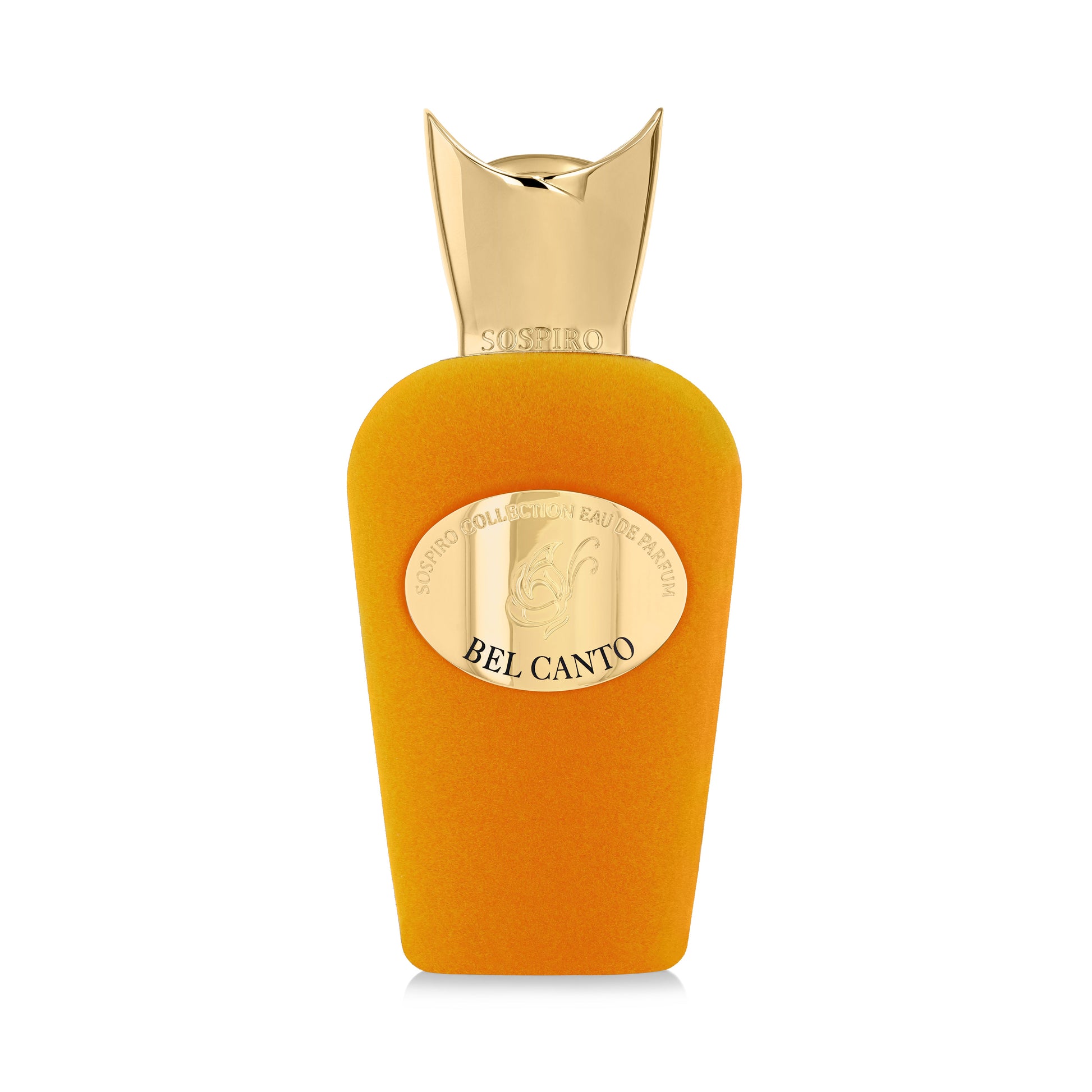 A gold-capped perfume bottle with a velvety orange body and oval gold label reading "SOSPIRO COLLECTION EAU DE PARFUM BEL CANTO." Bel Canto Eau de Parfum by SOSPIRO is a jasmine perfume with a delicate floral scent, shown on a white background.