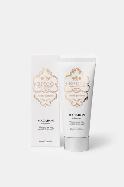 Epico Macaron body cream packaging on a white background