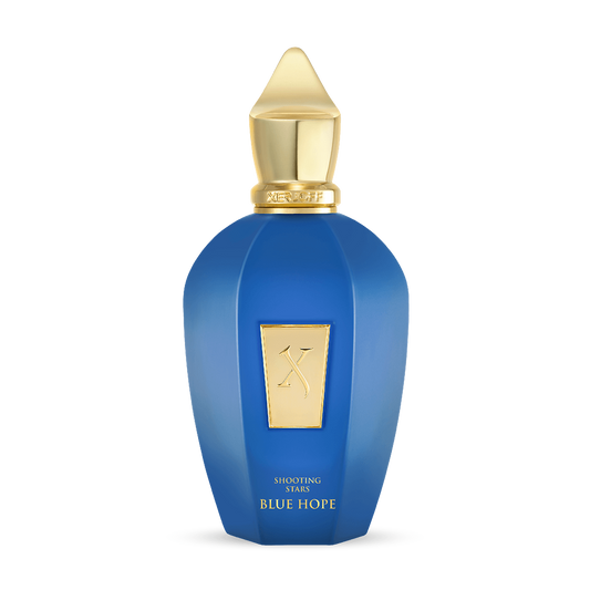 A blue perfume bottle with gold accents and cap, labeled Blue Hope Eau de Parfum by XERJOFF, is set against a white background, reflecting the refined style of this woody aromatic fragrance.