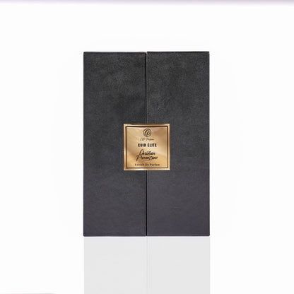 A rectangular black luxury parfum box with a gold label reading "Cuir Elite Eau de Parfum - Christian Provenzano" stands upright against a white background.
