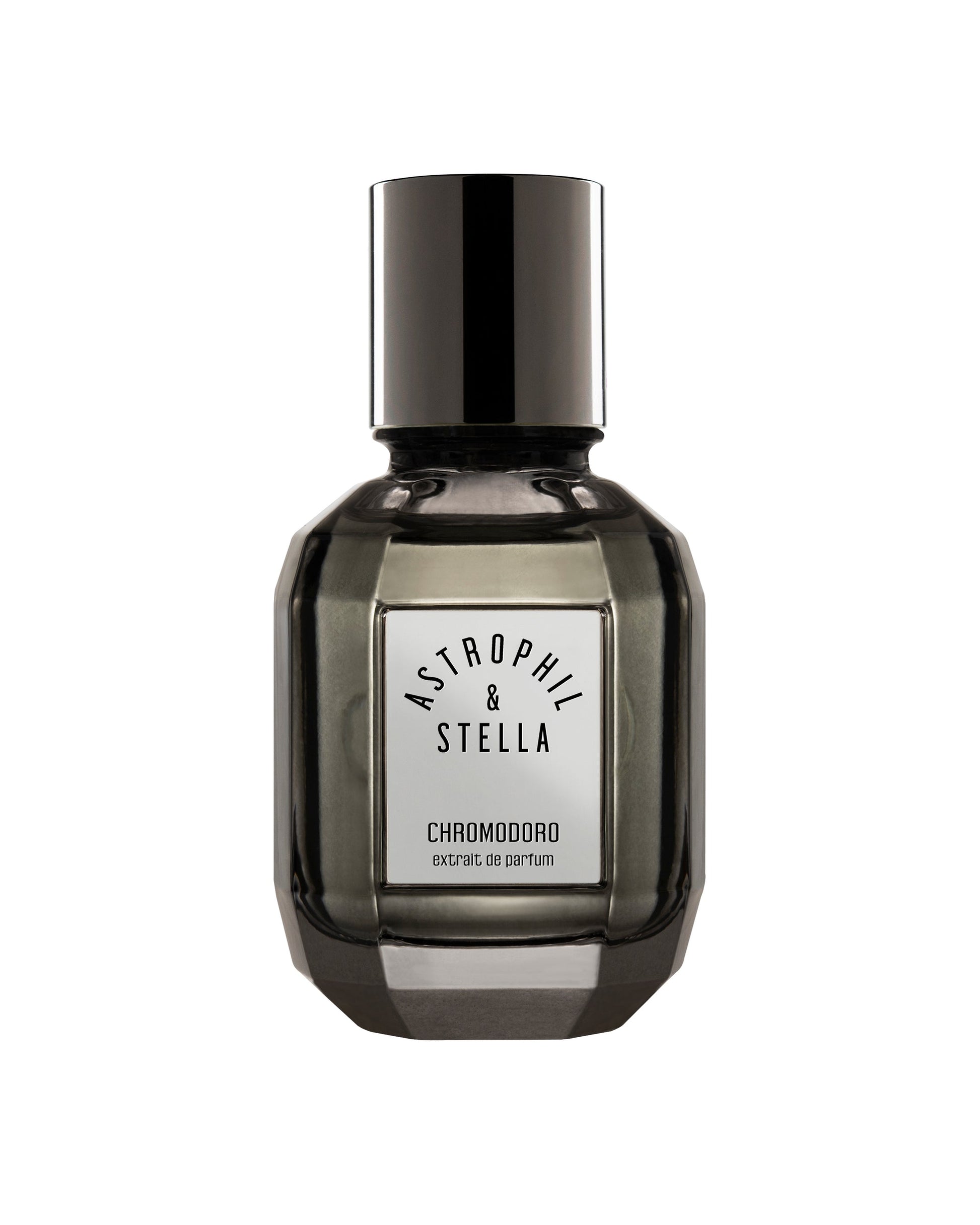 Astrophil & Stella Chromodoro Eau de Parfum in a dark gray faceted glass bottle with a black cap and a white label.