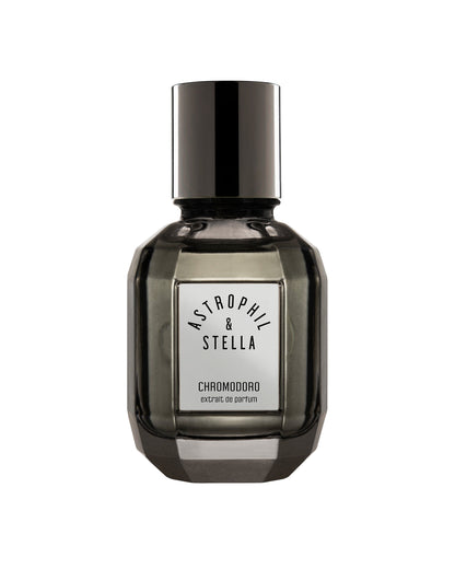 Astrophil & Stella Chromodoro Eau de Parfum in a dark gray faceted glass bottle with a black cap and a white label.
