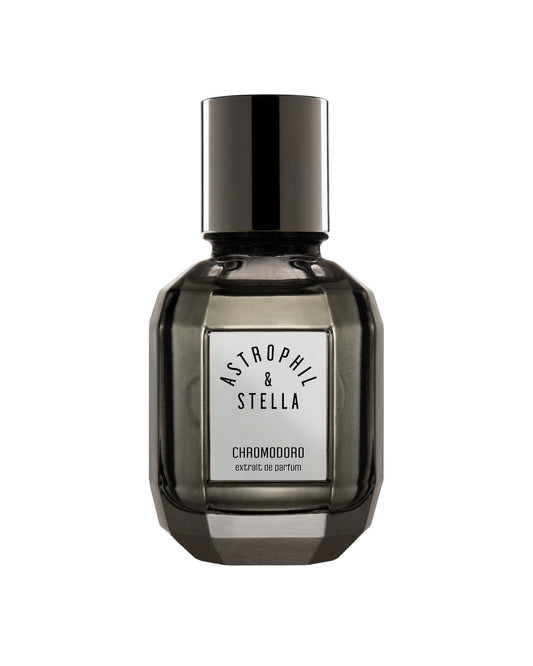 Astrophil & Stella Chromodoro Eau de Parfum in a dark gray faceted glass bottle with a black cap and a white label.