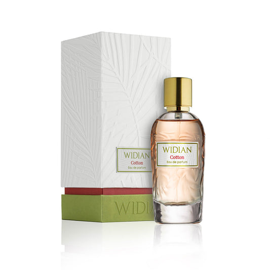 A bottle of Fragrapedia Haus Cotton Eau de Parfum by Widian, with a gold cap, stands next to its white and green box featuring a leaf pattern and red accent. The cotton candy scent is displayed on a crisp white background.