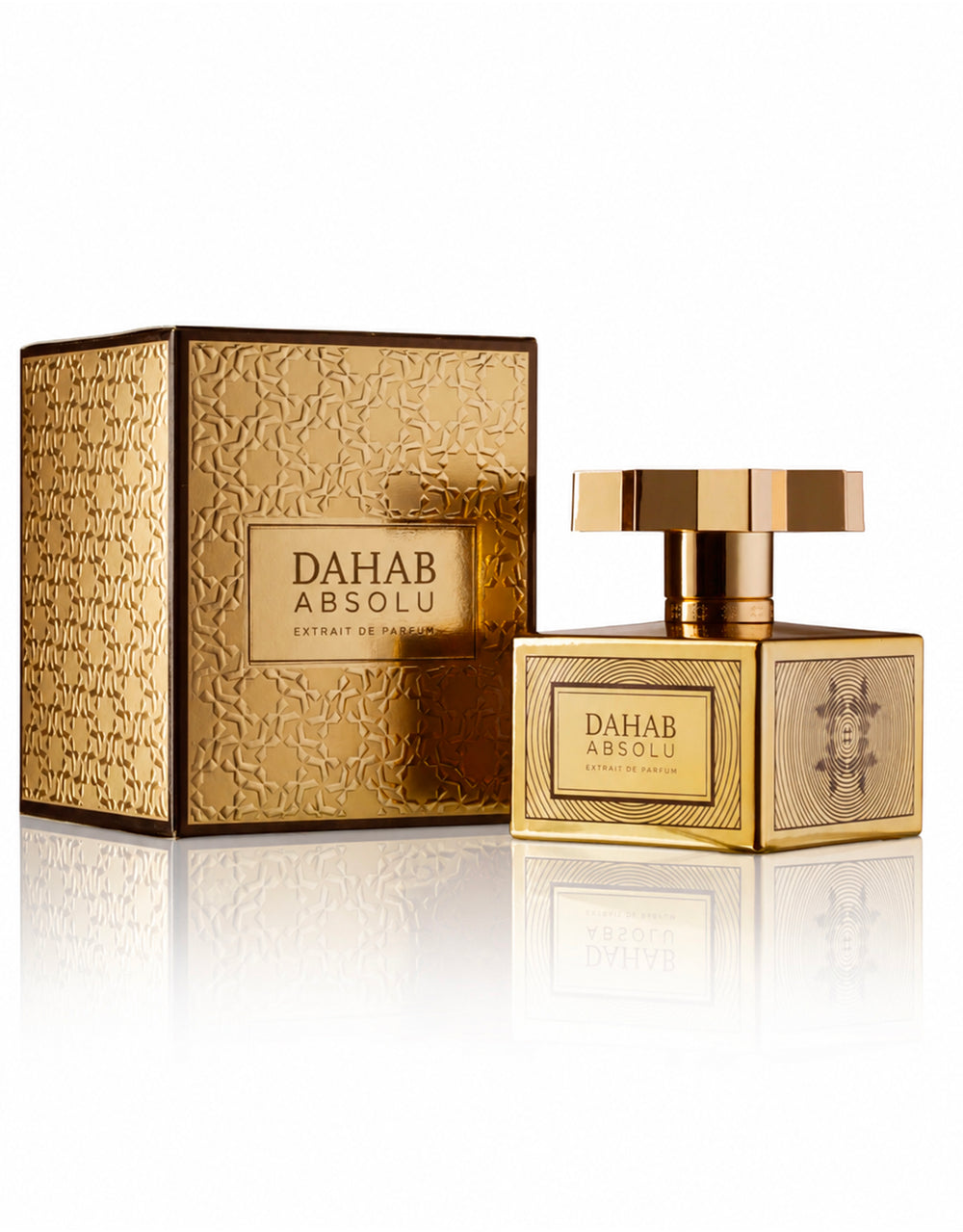 Gold perfume bottle labeled 'Dahab Absolu' Eau De Parfum by Kajal Parfumes Paris on a white background and packaging on a white background