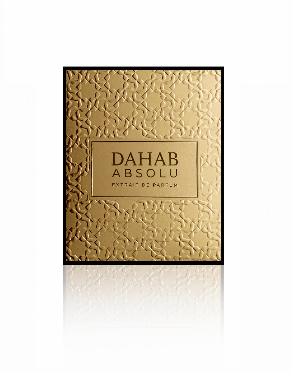 Gold packaging labeled 'Dahab Absolu' Eau De Parfum by Kajal Parfumes Paris on a white backgroundperfume with intricate patterns