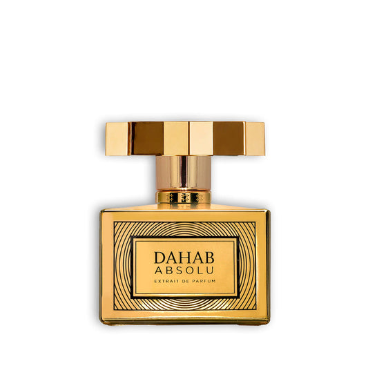 Gold perfume bottle labeled 'Dahab Absolu' Eau De Parfum by Kajal Parfumes Paris on a white background