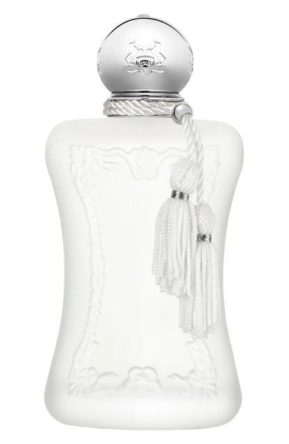 Valaya Eau de Parfum by Parfums de Marly features a white, matte bottle with a silver cap, two white tassels, and embossed front details. Its elegant curved design echoes 18th-century heritage in a modern feminine fragrance.