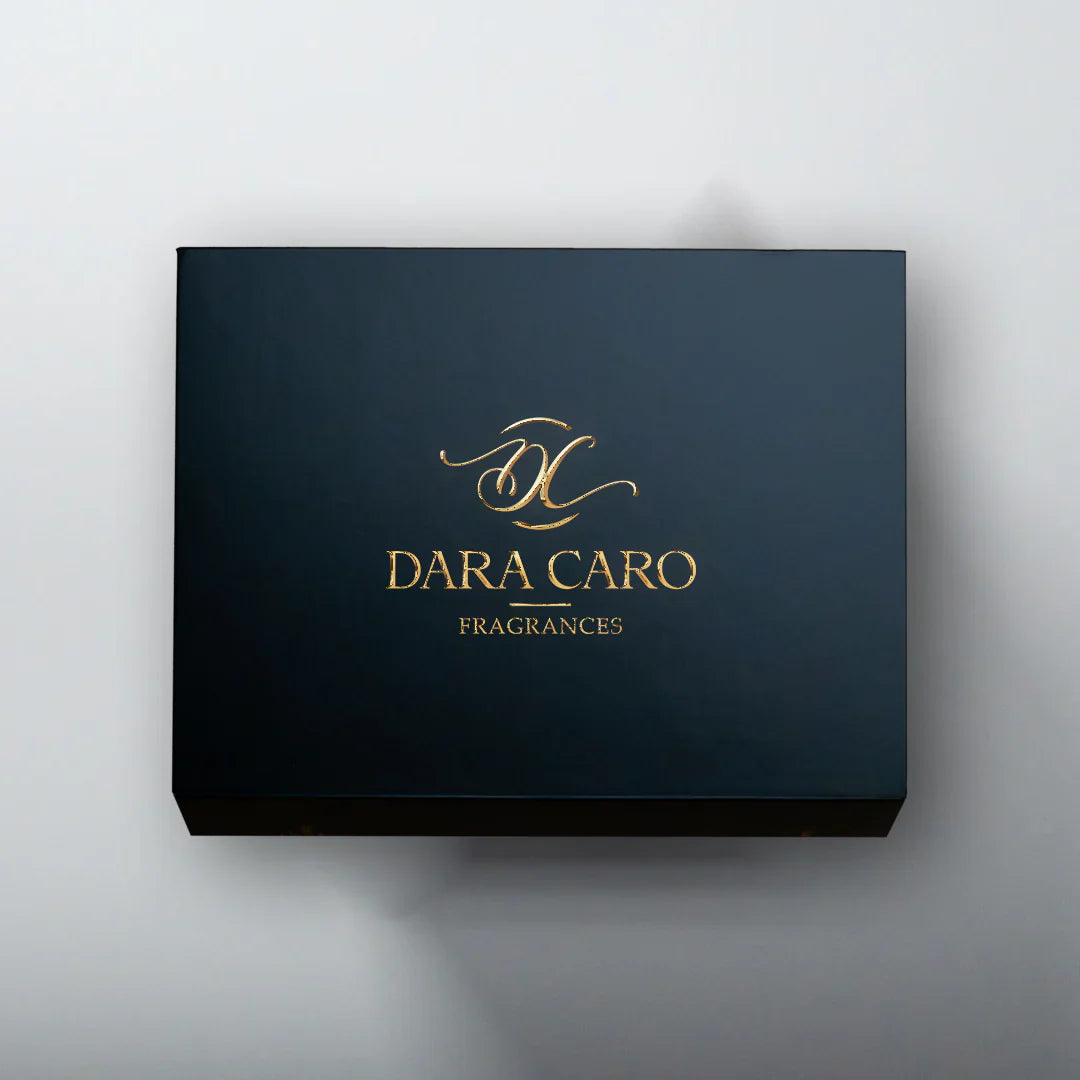 Dark blue box with gold 'Dara Caro' logo on a light gray background
