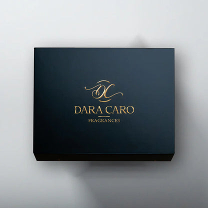 Dark blue box with gold 'Dara Caro' logo on a light gray background