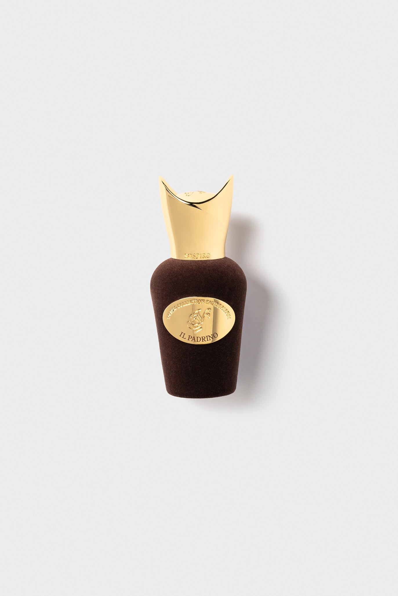 Il Padrino Eau de Parfum by Sospiro in Brown bottle with gold cap on a white background