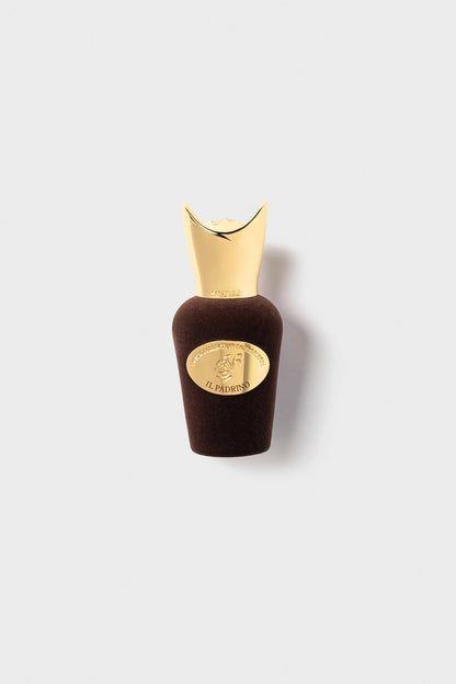 Il Padrino Eau de Parfum by Sospiro in Brown bottle with gold cap on a white background