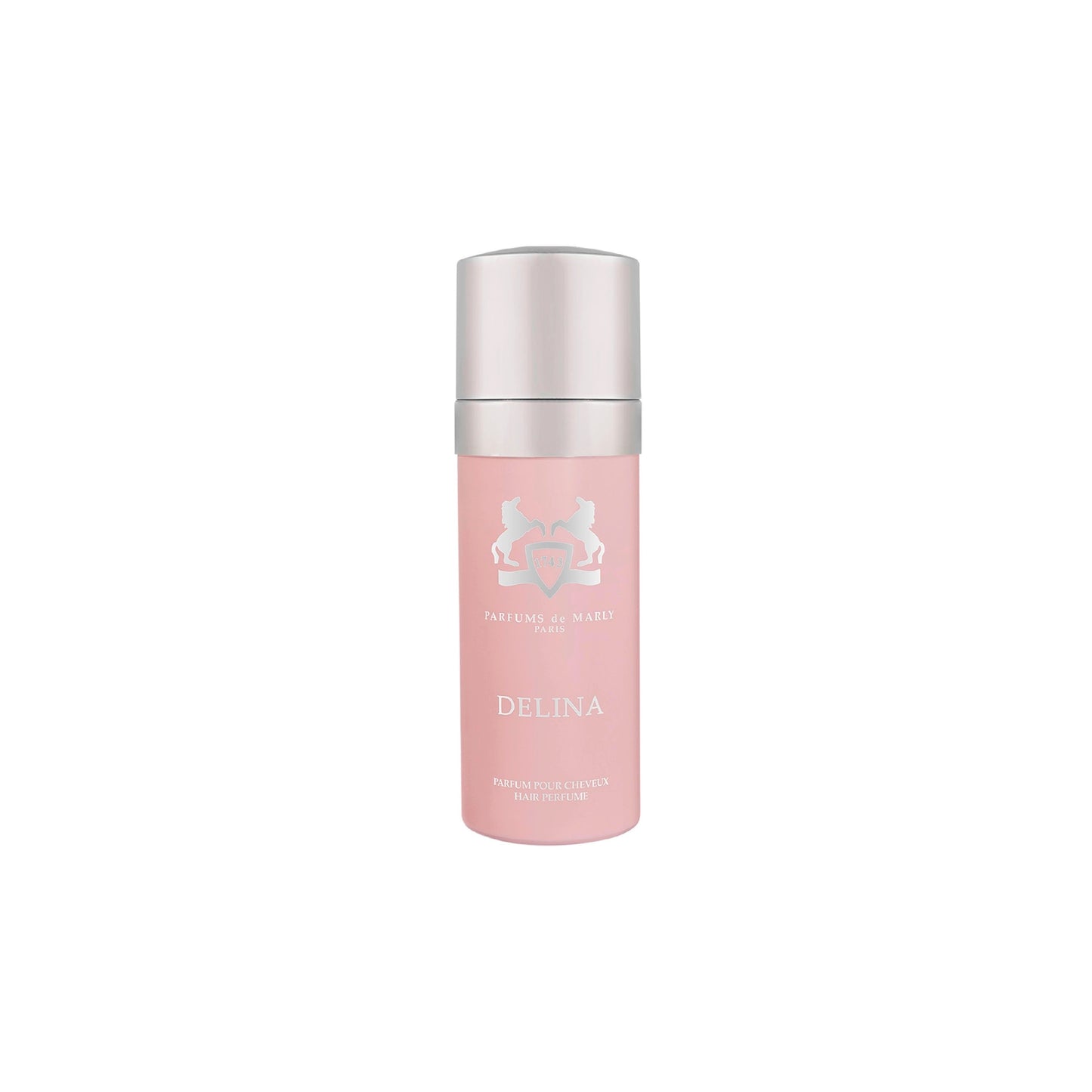 A pink bottle of Parfums de Marly Delina Hair Mist with a silver cap is displayed on a white background, designed to leave hair delicately scented.