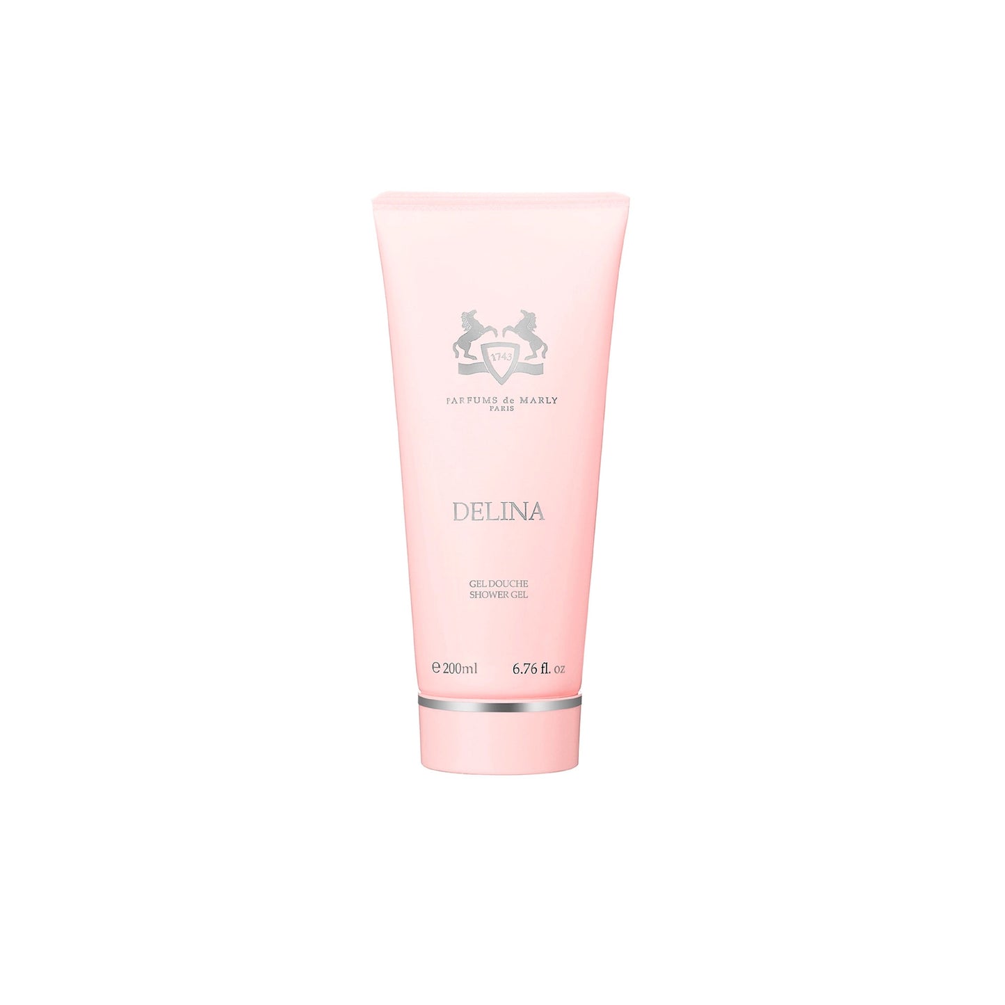 A pink tube of Parfums de Marly Delina Hand Cream, featuring a silver logo and text on the front, is shown against a plain white background.