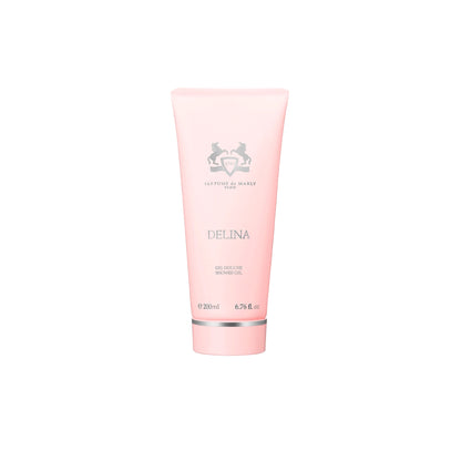 A pink tube of Parfums de Marly Delina Hand Cream, featuring a silver logo and text on the front, is shown against a plain white background.