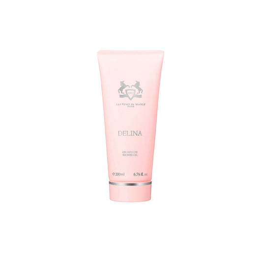 A pink tube of Parfums de Marly Delina Hand Cream, featuring a silver logo and text on the front, is shown against a plain white background.