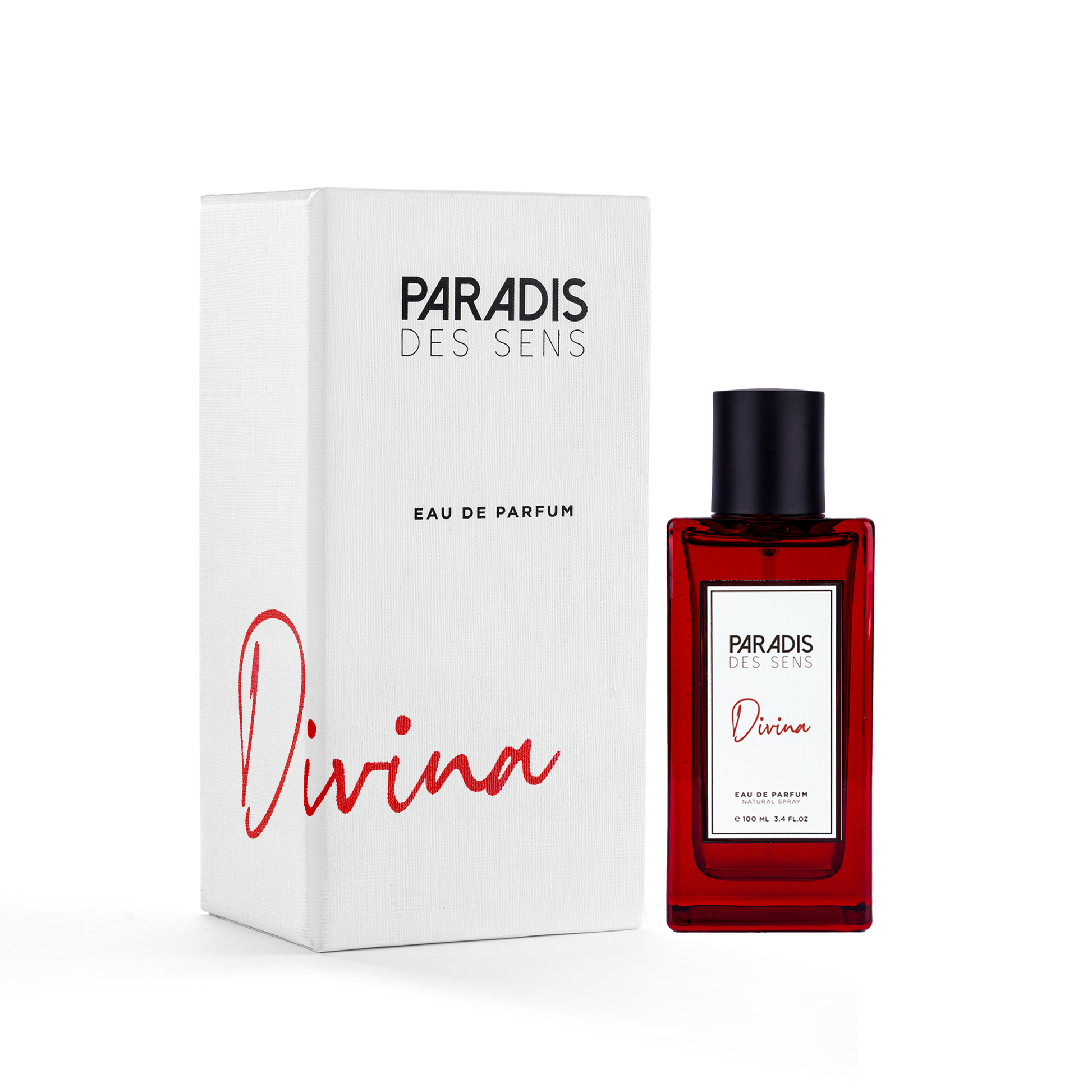 A red glass bottle of Divina Eau de Parfum - Paradis Des Sens by PARADIS DES SENS stands beside its white box, featuring black and red text with the brand and scent name—a gourmand fragrance with rich bourbon vanilla notes.