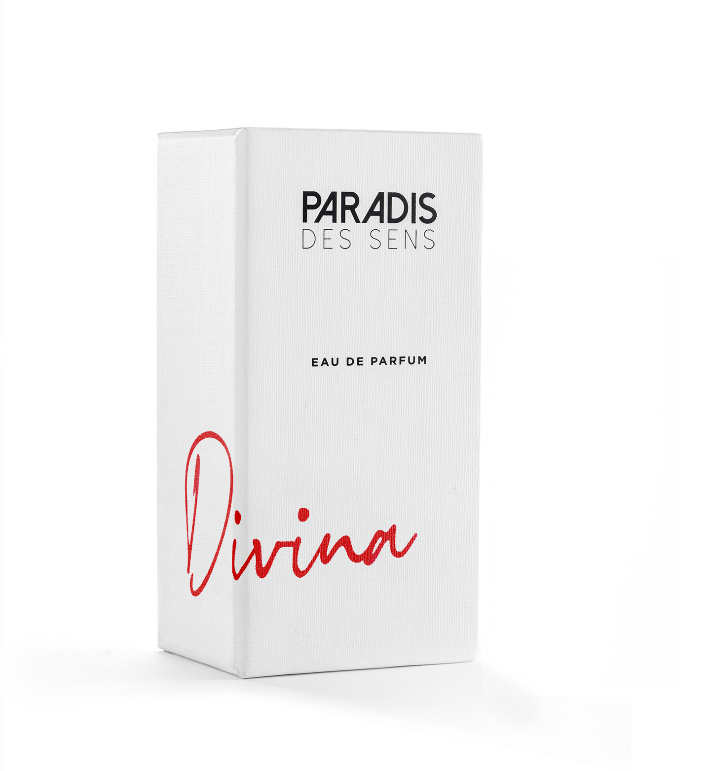 A white perfume box labeled PARADIS DES SENS and Divina Eau de Parfum features minimal, elegant packaging that hints at the gourmand scent of this luxurious Paradis Des Sens fragrance.