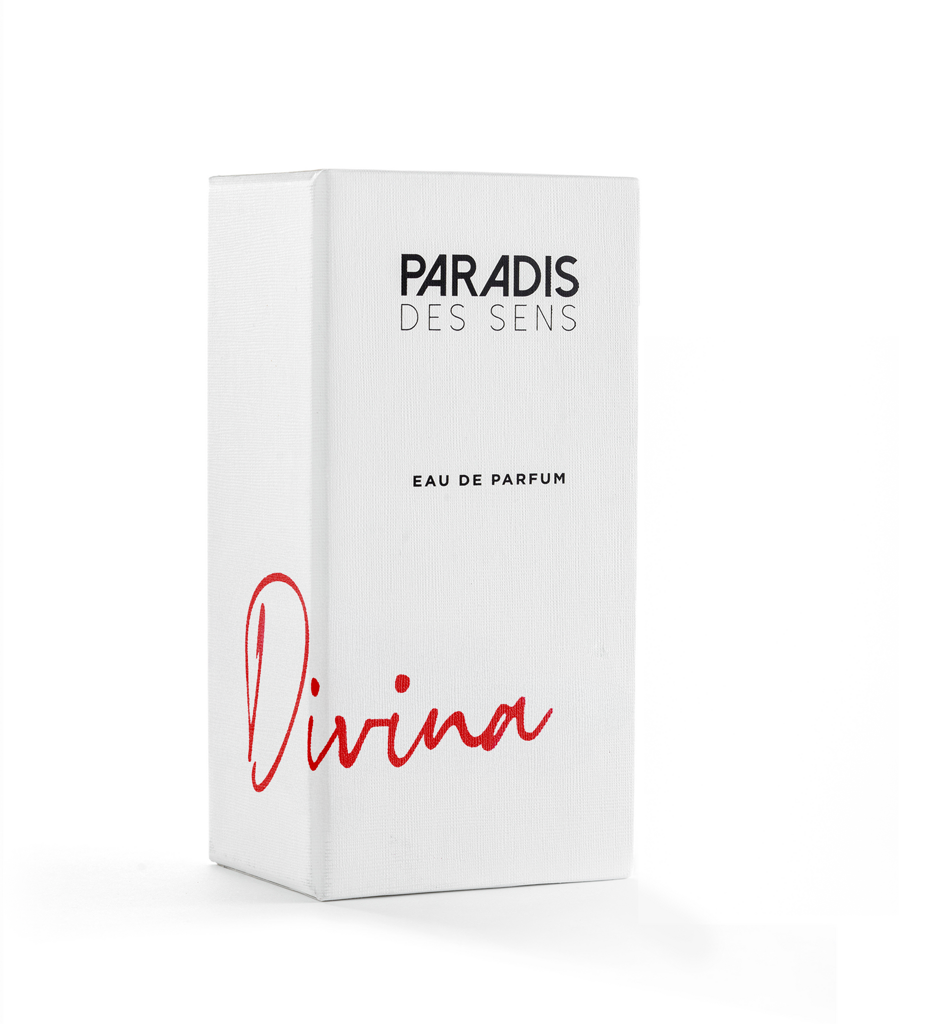 A white perfume box labeled PARADIS DES SENS and Divina Eau de Parfum features minimal, elegant packaging that hints at the gourmand scent of this luxurious Paradis Des Sens fragrance.