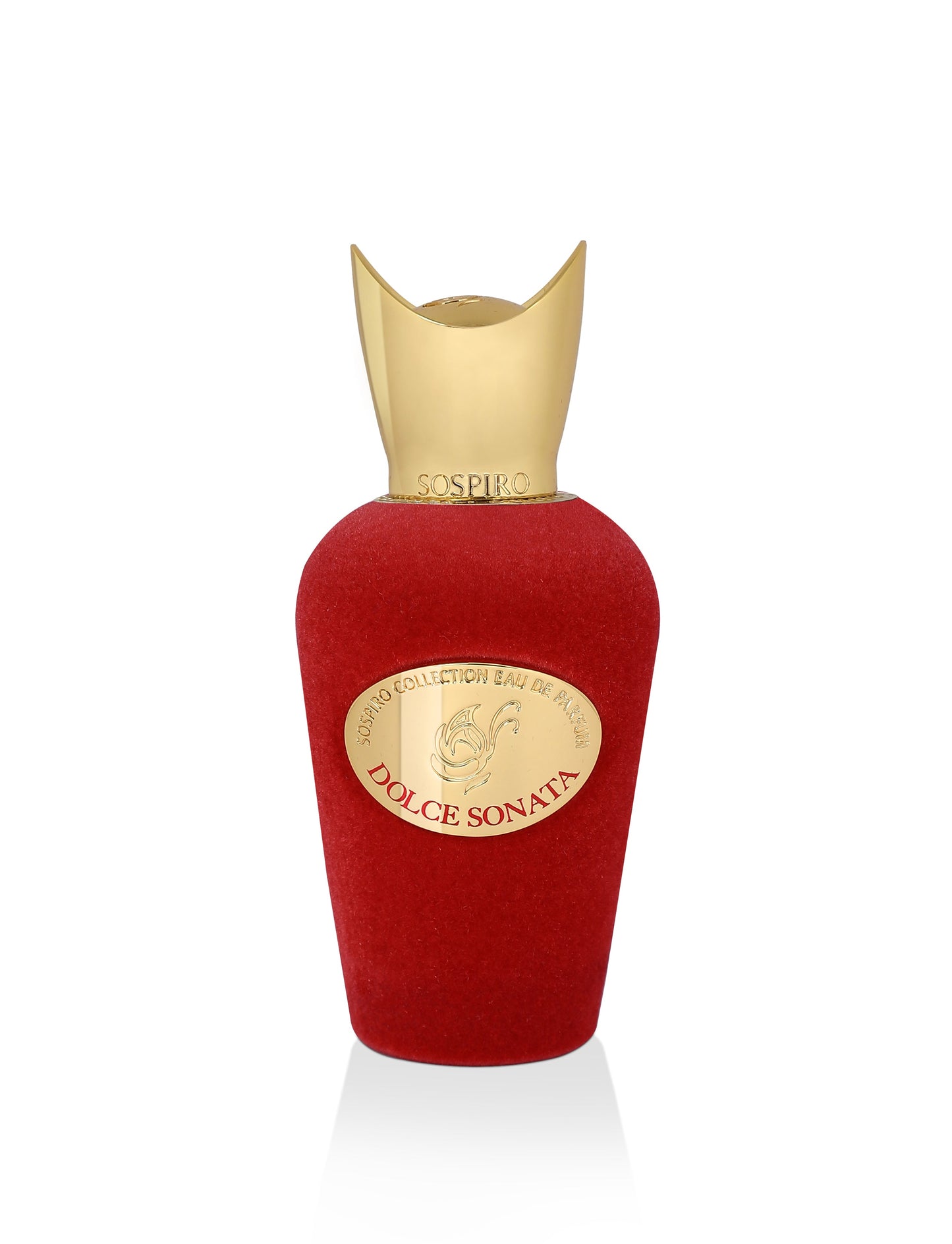 A red, velvet-textured perfume bottle with a gold cap and label, featuring the brand SOSPIRO and Dolce Sonata Eau de Parfum, is shown on a white background.