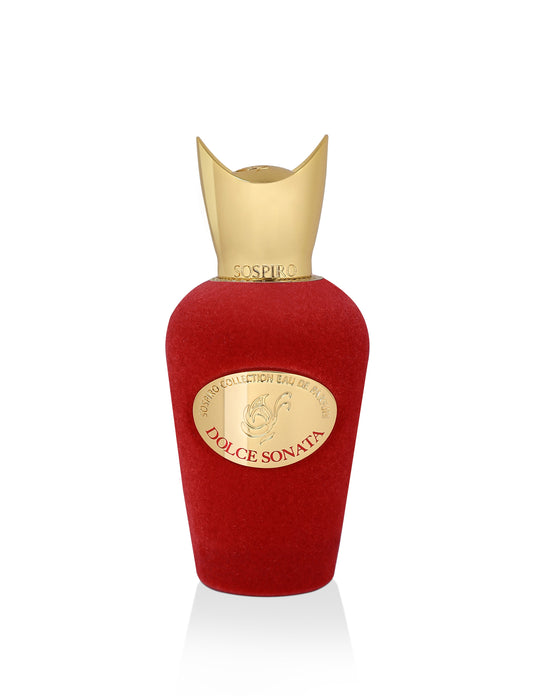 A red, velvet-textured perfume bottle with a gold cap and label, featuring the brand SOSPIRO and Dolce Sonata Eau de Parfum, is shown on a white background.