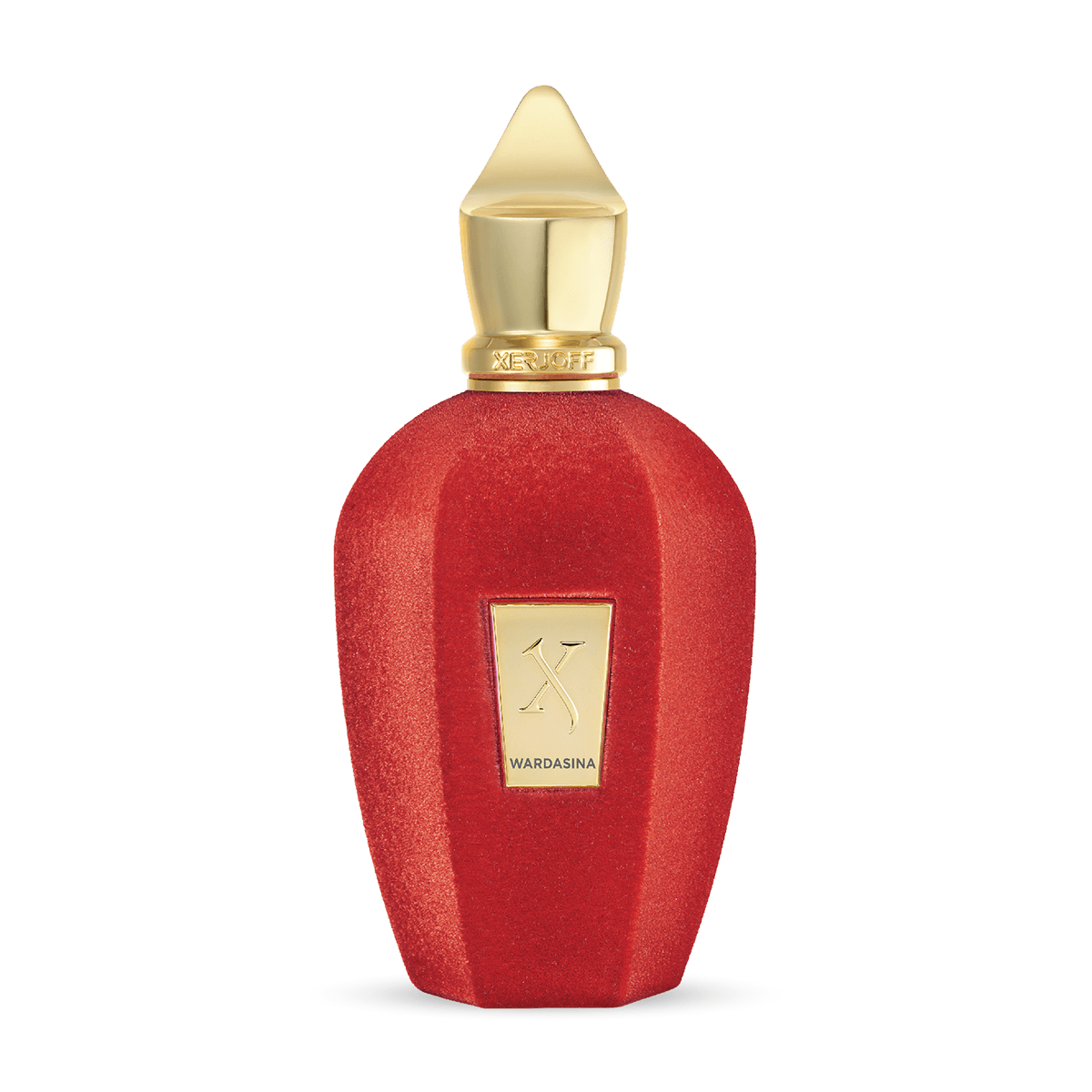 The luxurious Wardasina Eau de Parfum by XERJOFF comes in a curvy red bottle with a gold cap and label, displaying the brand name and exuding the elegance of its oriental floral scent.