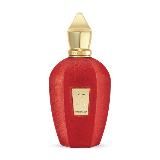 The luxurious Wardasina Eau de Parfum by XERJOFF comes in a curvy red bottle with a gold cap and label, displaying the brand name and exuding the elegance of its oriental floral scent.
