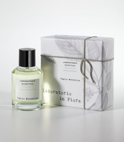 A bottle of Laboratorio Olfattivo's Tiglio Mirabilis Eau de Parfum stands beside its illustrated box, tied with string; the fragrance fuses spicy and floral notes atop a woody musky base.