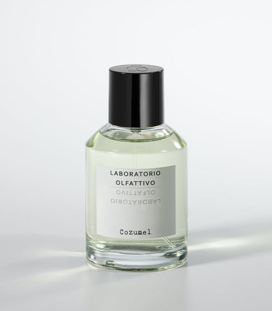 A clear glass bottle of Cozumel Eau de Parfum by Laboratorio Olfattivo, featuring a black cap and minimalist white label, is set against a light background, reflecting the aromatic essence of this signature fragrance.