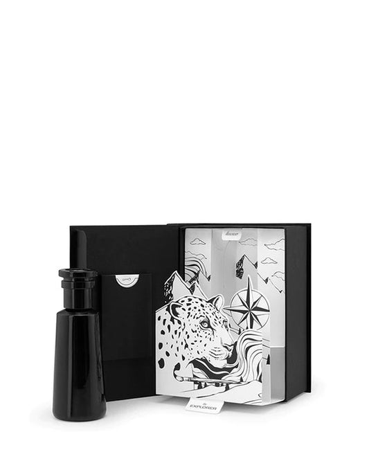 "Explorer" Eau de parfum by Argentum Black bottle and packaging with Cheetah illustration on a white background
