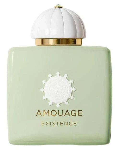 A pale green Existence Eau de Parfum bottle by Fragrapedia Haus, with a white and gold cap, gold accents, an embossed emblem, and inspired by a subtle Lily of the Valley scent.
