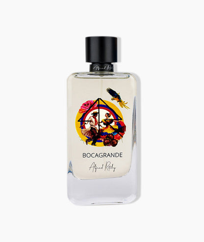 Perfume bottle with colorful label featuring people and a star design on a white background